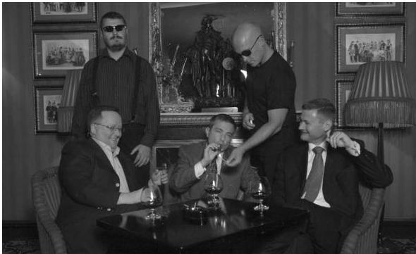 The author with the real-life steel barons in Sergei's casino.